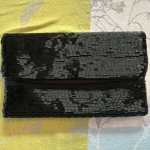Sondra Roberts Black Bugle Beaded Fold Over Clutch Evening Bag